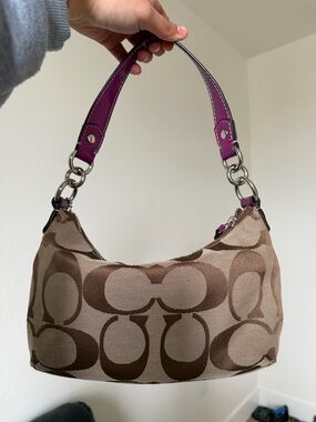 Coach Signature Shoulder Bag in Brown Canvas with Purple Leather Handle